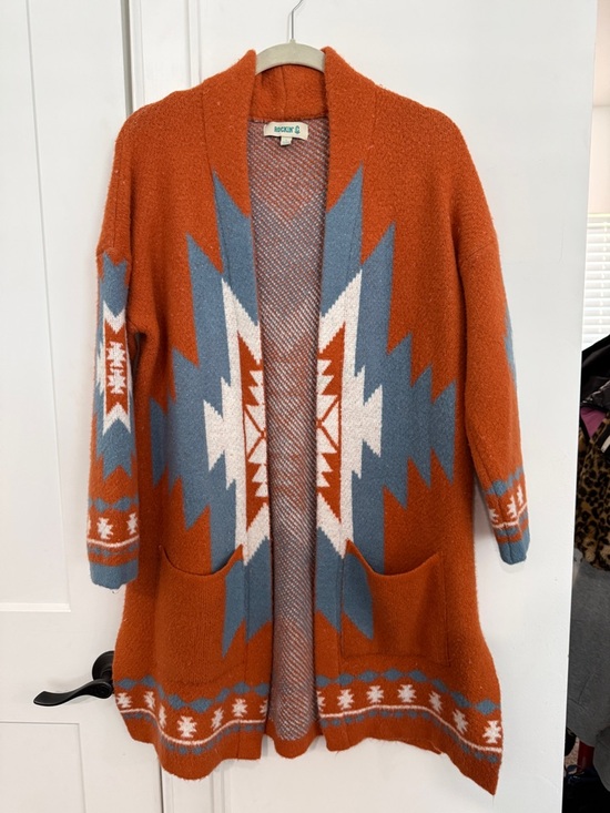 Rockin C Sweaters - EUC Rockin C Tribal Pattern Open-Front Cardigan - Rust Blue White